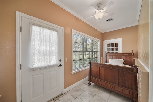 doorway to outside with light tile patterned flooring, ornamental molding, and ceiling fan