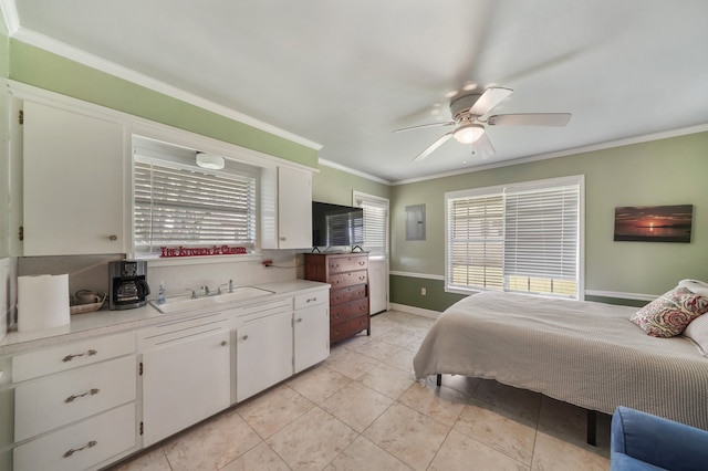 bedroom featuring light tile patterned flooring, ornamental molding, sink, and ceiling fan