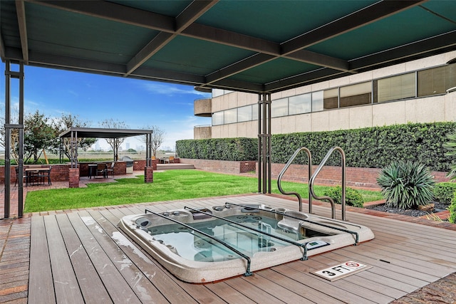 view of swimming pool with a gazebo, a yard, and a deck