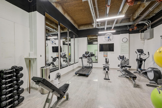 exercise room featuring hardwood / wood-style flooring