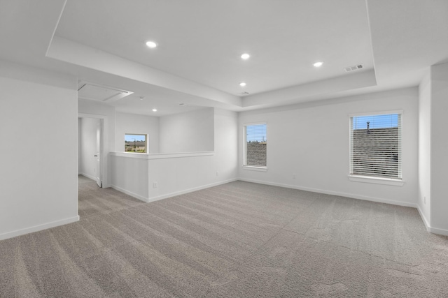 spare room with a raised ceiling and light colored carpet