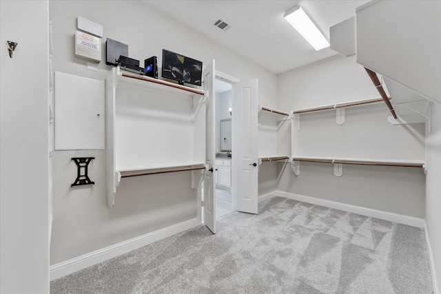 spacious closet featuring light colored carpet