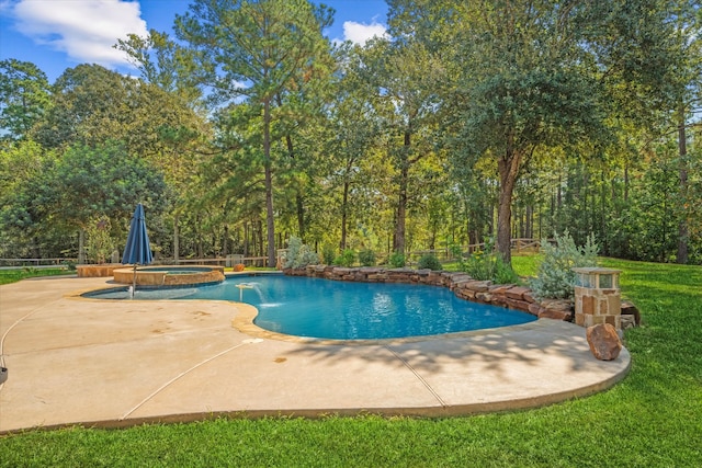 view of swimming pool with a lawn, a patio, and an in ground hot tub