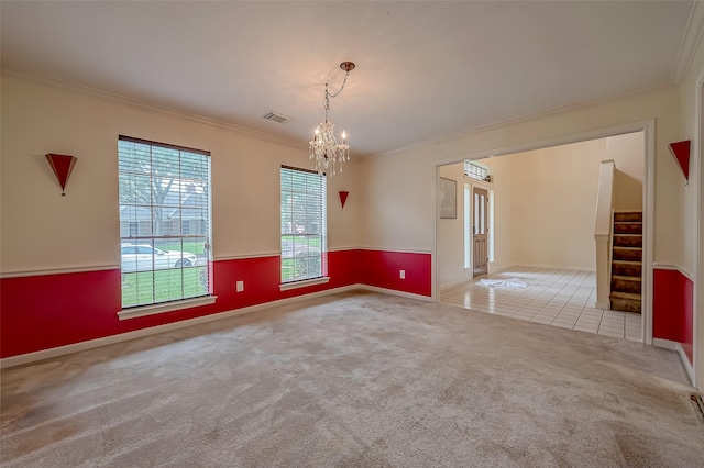 unfurnished room with crown molding, light carpet, a notable chandelier, and light tile patterned flooring