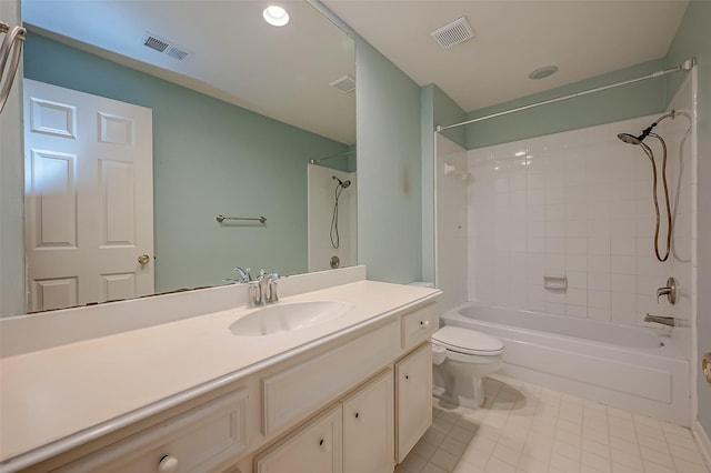 full bathroom with toilet, shower / tub combination, vanity, and visible vents