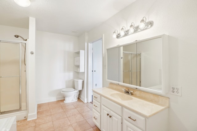 bathroom with vanity, an enclosed shower, tile patterned flooring, and toilet