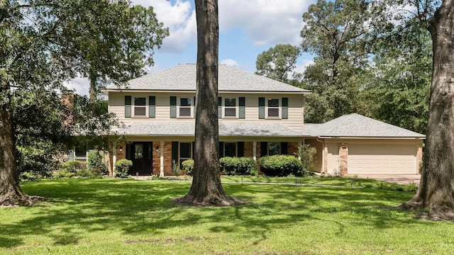 view of front of property featuring a garage, concrete driveway, brick siding, and a front lawn