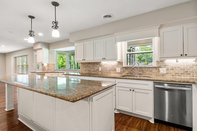 kitchen featuring a sink, visible vents, white cabinets, and stainless steel dishwasher