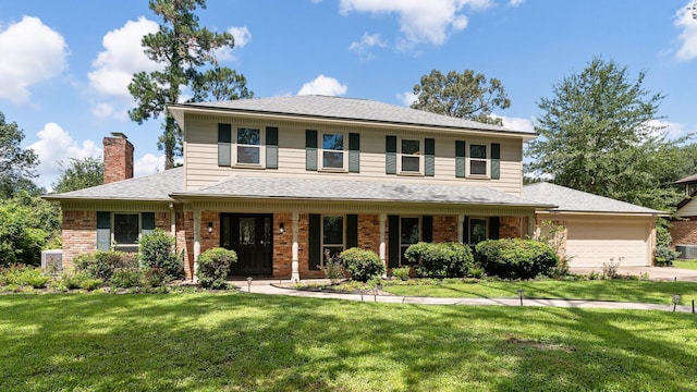 view of front of property featuring an attached garage, brick siding, roof with shingles, and a front yard