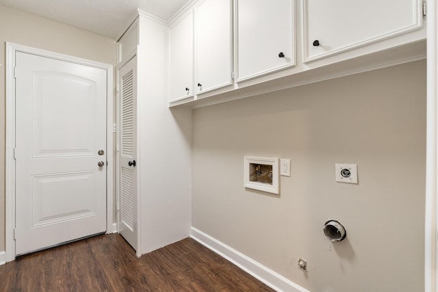 laundry room featuring hookup for a washing machine, hookup for an electric dryer, baseboards, cabinet space, and dark wood-style floors