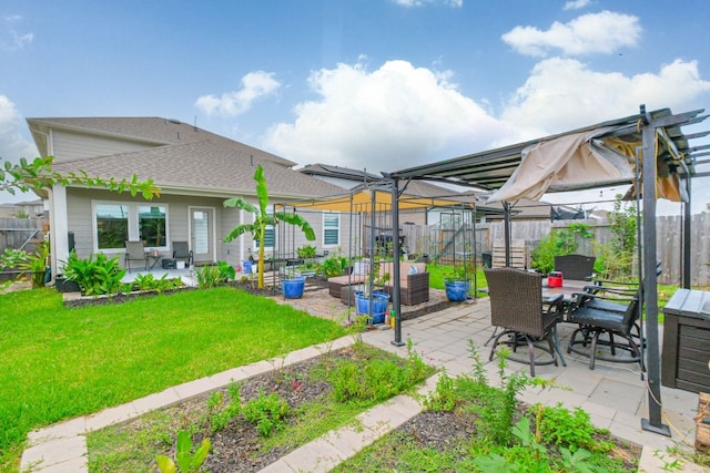 view of patio / terrace featuring a pergola and outdoor lounge area