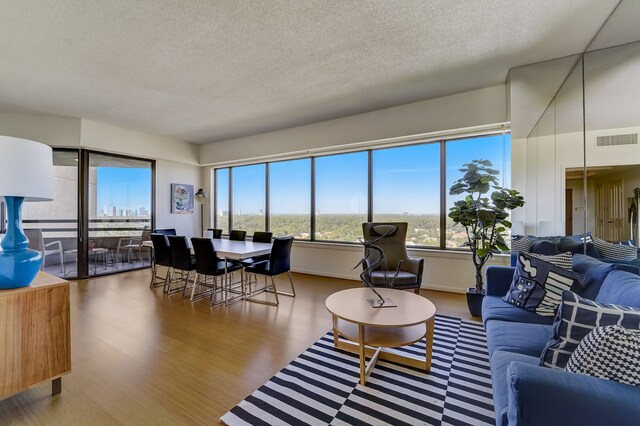 living room with wood-type flooring and a textured ceiling