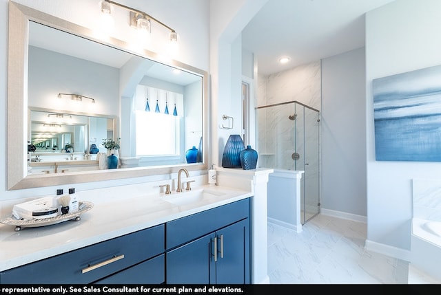 bathroom with tile patterned flooring, shower with separate bathtub, and vanity