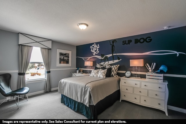 carpeted bedroom featuring a textured ceiling