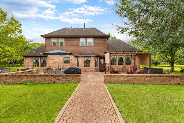 back of property featuring a pergola, an outdoor living space, a lawn, and a patio area