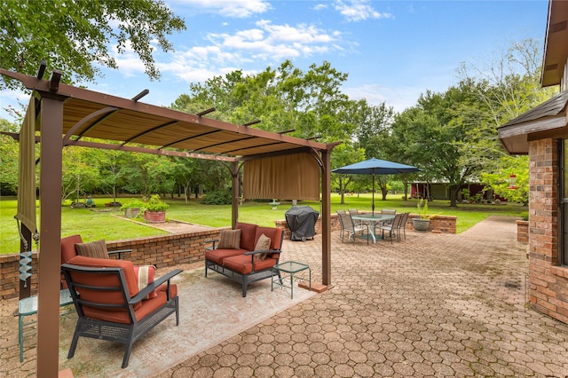 view of patio / terrace with area for grilling, an outdoor living space, and a pergola