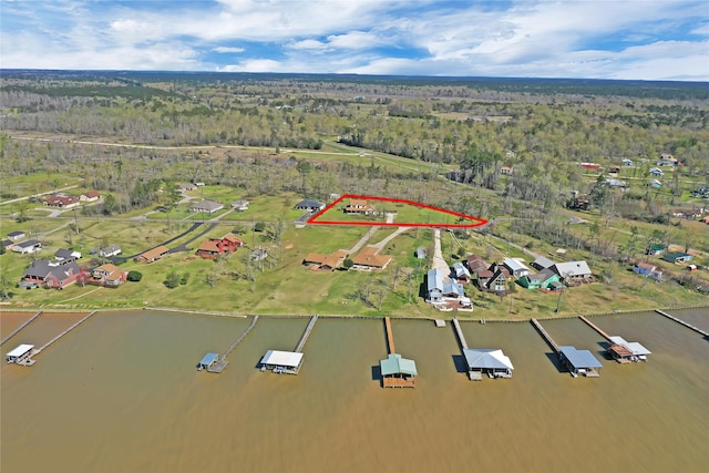 bird's eye view with a water view