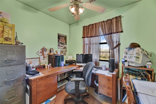 office space with ceiling fan and hardwood / wood-style flooring