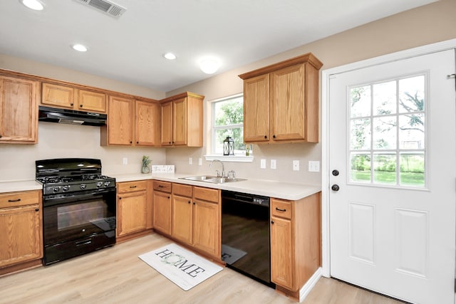 kitchen with sink, light hardwood / wood-style flooring, black appliances, and a healthy amount of sunlight