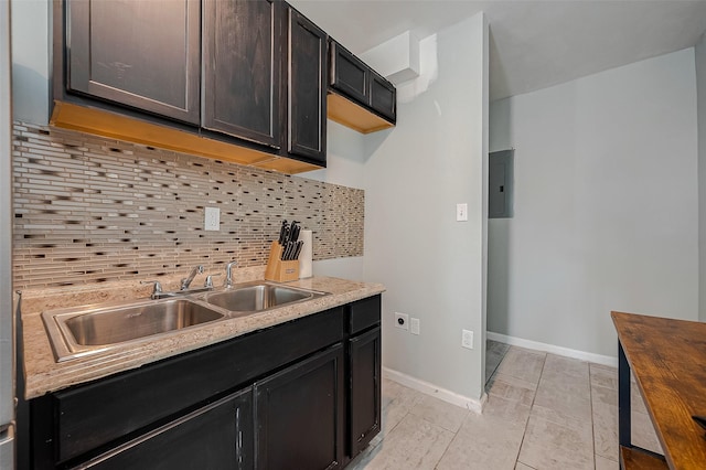 kitchen featuring tasteful backsplash, electric panel, sink, and dark brown cabinets