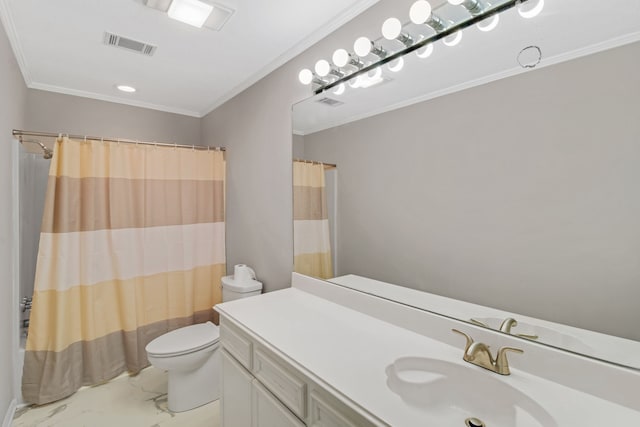 bathroom with vanity, toilet, tile patterned floors, and ornamental molding