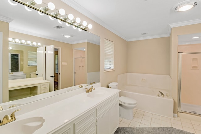 full bathroom featuring vanity, ornamental molding, separate shower and tub, toilet, and tile patterned flooring