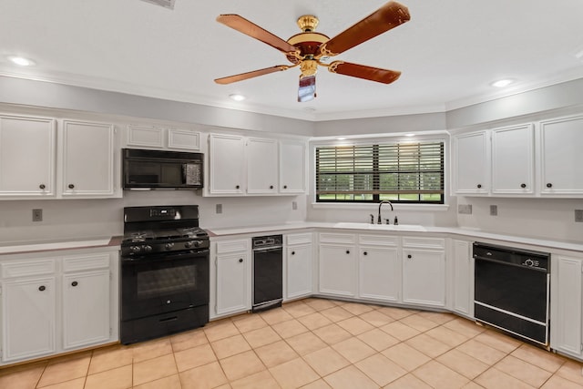 kitchen featuring black appliances, white cabinets, sink, crown molding, and ceiling fan