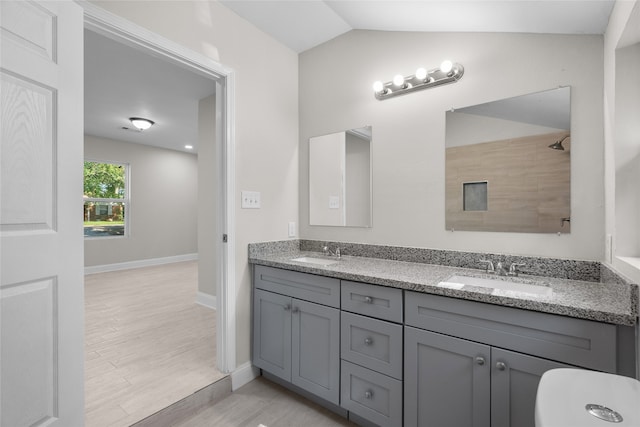 bathroom featuring vaulted ceiling, double sink vanity, and hardwood / wood-style floors