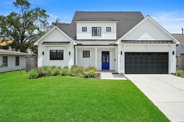 modern inspired farmhouse with a front yard