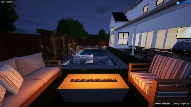 pool at night featuring an outdoor living space with a fire pit, pool water feature, and a patio area