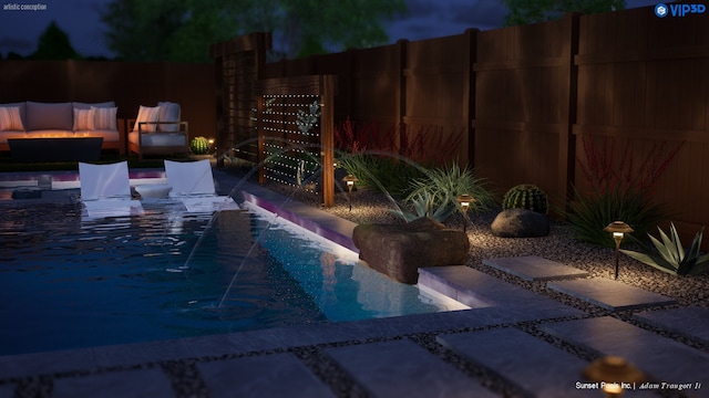 pool at night with outdoor lounge area and pool water feature