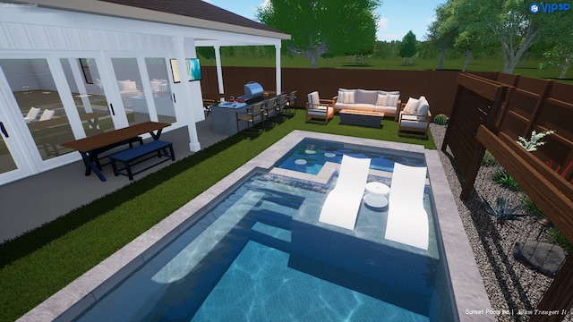 view of pool featuring outdoor lounge area and a patio