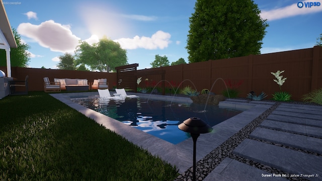 view of pool featuring a patio, an outdoor living space, and pool water feature