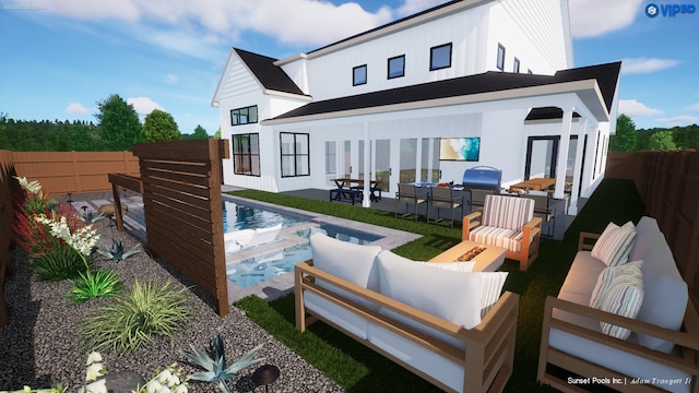 rear view of house featuring french doors, outdoor lounge area, a fenced in pool, and a patio area