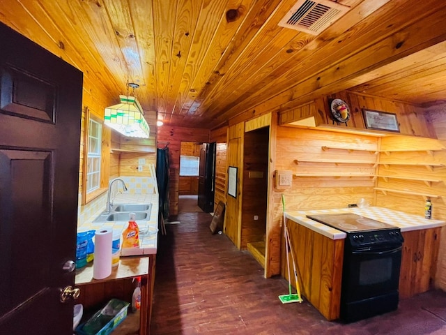 corridor with dark hardwood / wood-style flooring, wooden walls, sink, and wooden ceiling