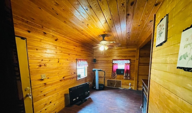 workout area featuring wooden walls, wooden ceiling, ceiling fan, and hardwood / wood-style floors