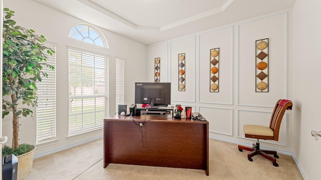 carpeted office space featuring a tray ceiling