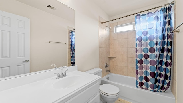 full bathroom with toilet, tile patterned floors, vanity, and shower / bathtub combination with curtain