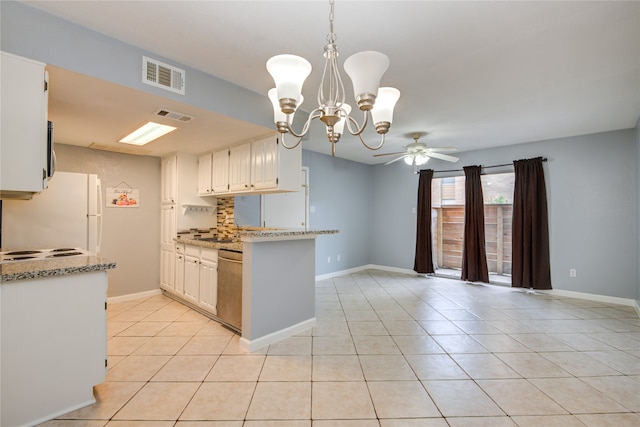 kitchen featuring stainless steel dishwasher, light tile patterned floors, pendant lighting, and light stone counters