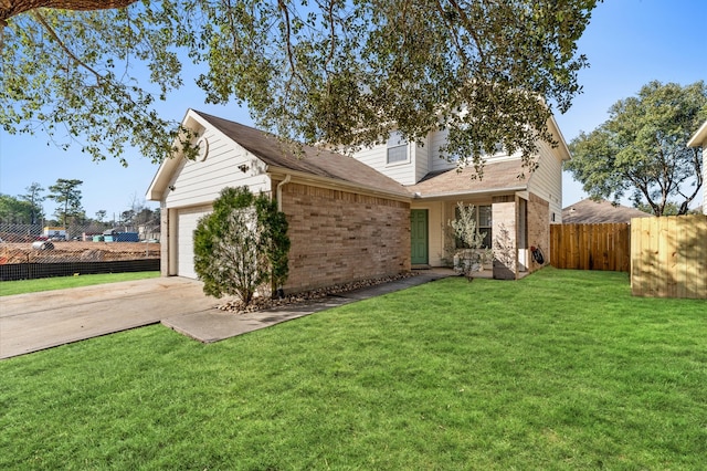 exterior space with a garage and a front lawn