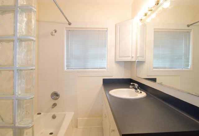 bathroom featuring vanity and  shower combination