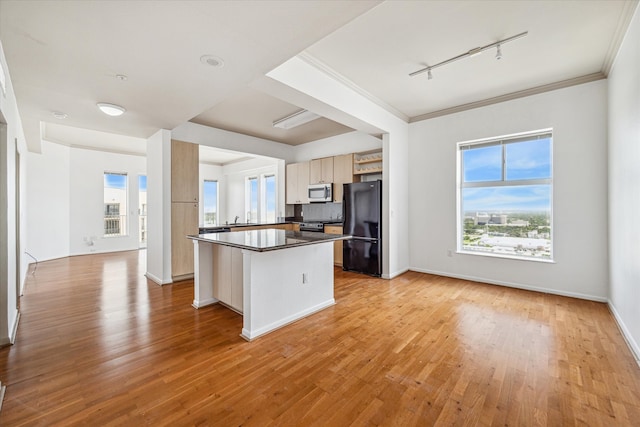 kitchen featuring appliances with stainless steel finishes, light hardwood / wood-style flooring, track lighting, decorative backsplash, and ornamental molding