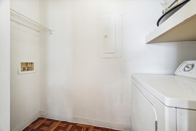 laundry area featuring washer / dryer, electric panel, and dark parquet floors