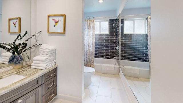 full bathroom with shower / bathtub combination with curtain, vanity, toilet, and tile patterned floors