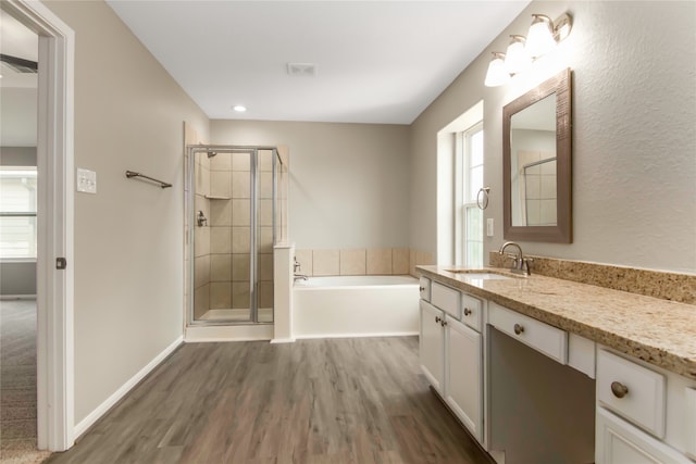 full bathroom with a healthy amount of sunlight, visible vents, a bath, and vanity