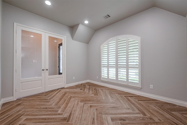 spare room with visible vents, recessed lighting, french doors, and baseboards