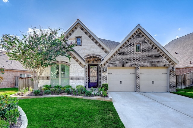 french country inspired facade with stone siding, concrete driveway, a front yard, a garage, and brick siding