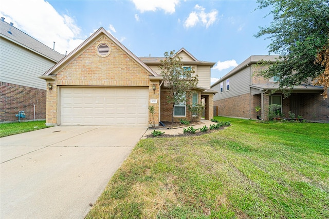 view of front of property featuring a garage and a front lawn