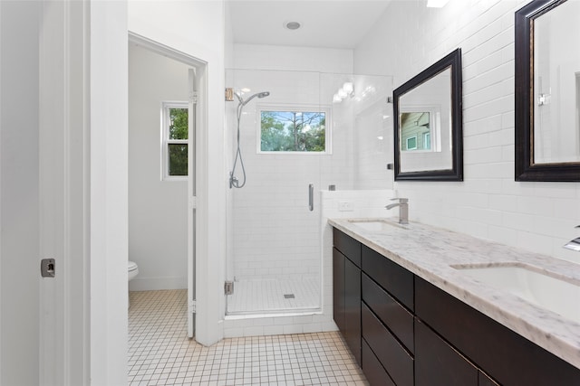 bathroom featuring toilet, vanity, and a shower with door