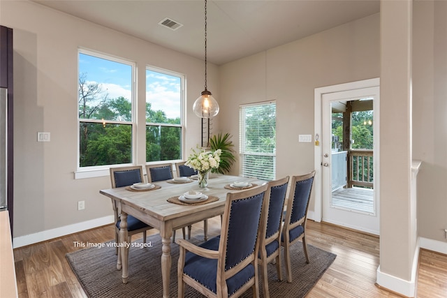 dining space with a wealth of natural light and hardwood / wood-style floors